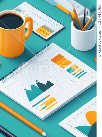 isometric 3D workspace with marketing tools, planner, coffee cup, and team avatars isometric 3D workspace with marketing tools, planner, coffee cup, and team avatars 125442360