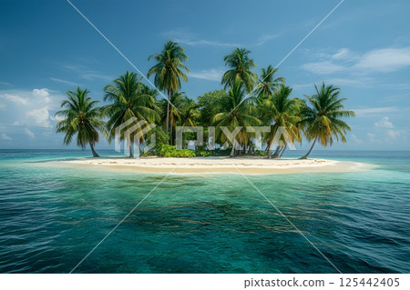 tropical island with palm trees and white sand beach, calm ocean waves, bright sunny day 125442405