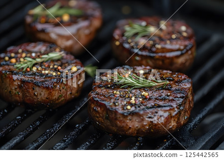 close-up of sizzling steaks on a barbecue grill with herbs and spices 125442565