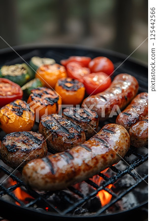 grilling sausages and vegetables on a campfire, outdoor cooking grilling sausages and vegetables on a campfire, outdoor cooking 125442566