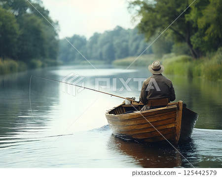man fishing from a small boat on a peaceful river, casting a line into the water 125442579