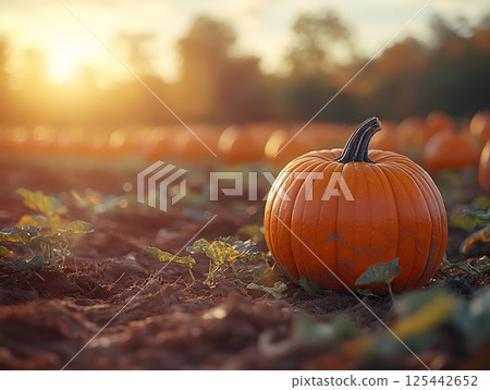 pumpkin patch with rows of pumpkins ready for harvest, autumn sunlight casting a warm glow 125442652