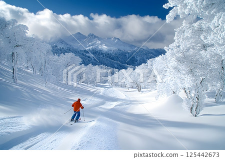 person skiing down a snow-covered hill, with snowy trees in the background 125442673