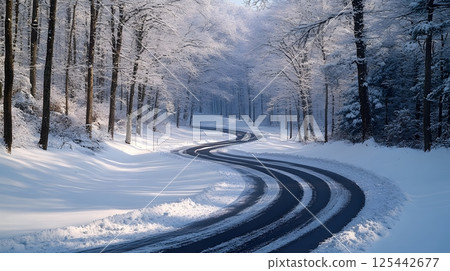 icy road covered in snow, with tire tracks leading through a winter landscape 125442677
