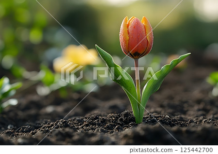 person tending to flowers in a spring garden, planting new blooms in fresh soil 125442700