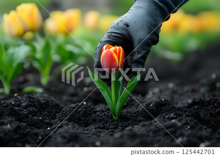 person tending to flowers in a spring garden, planting new blooms in fresh soil 125442701