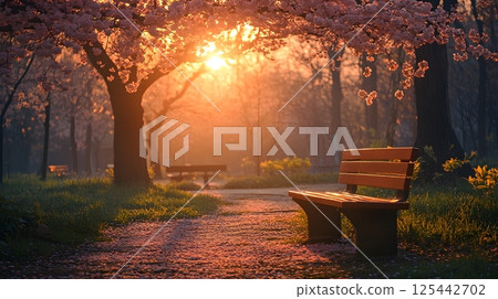 sun shining through blooming cherry blossom trees in a quiet park 125442702