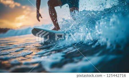 surfer catching a wave at the beach, blue ocean and white surfboards in the background 125442716