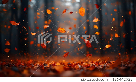 autumn forest with vibrant orange, red, and yellow leaves falling from trees, peaceful atmosphere 125442723