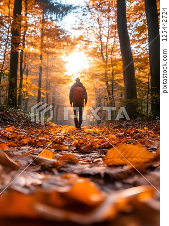 person hiking through a forest path covered with fallen autumn leaves, golden hour light 125442724