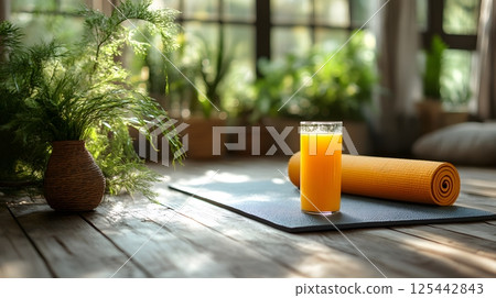 yoga mat and fresh juice on wooden floor 125442843