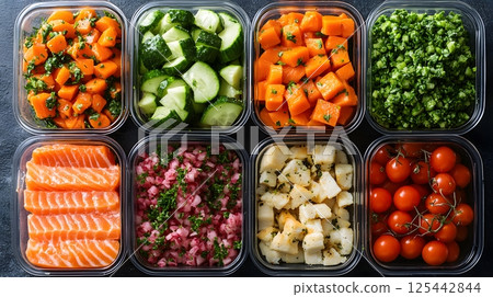 top view of meal prep containers with clean food 125442844