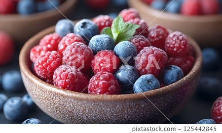 macro shot of chia pudding with berries 125442845