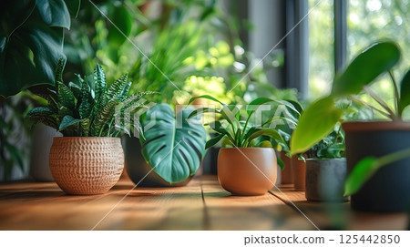 minimalist home workspace with desktop computer and plants, clean design, modern lifestyle minimalist home workspace with desktop computer and plants, clean design, modern lifestyle 125442850