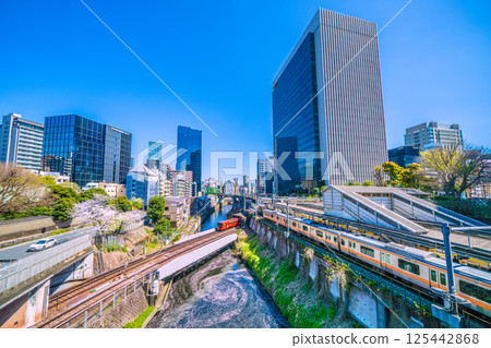日本東京城市景觀的新景觀。花筏和丸之內線 2000 系列列車從御茶水站前的聖橋駛過。一生難得一見的景象… 125442868