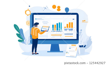 digital marketer working on ad campaign dashboard 125442927