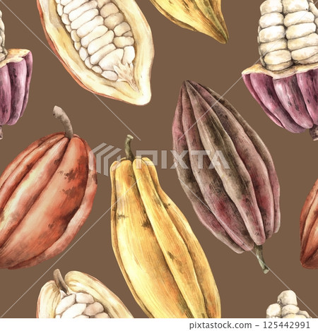 Set of whole cocoa beans of different ripeness and cut fruits with seeds. Watercolor seamless pattern on brown background, suitable for packaging design, botanical prints, product branding, textiles. Set of whole cocoa beans of different ripeness and cut fruits with seeds. Watercolor seamless pattern on brown background, suitable for packaging design, botanical prints, product branding, textiles. 125442991