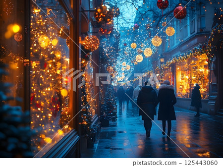 Retail store window decorated for holiday season, people passing by, bokeh lights, 125443060