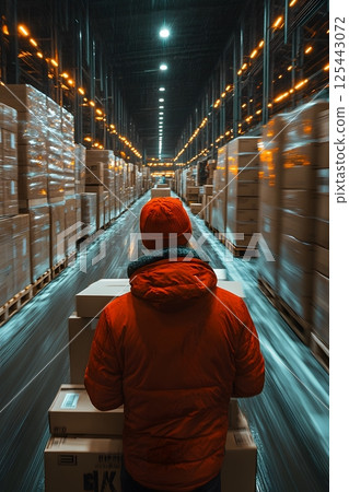 Warehouse team organizing boxes for holiday delivery deadlines, motion blur action, 125443072