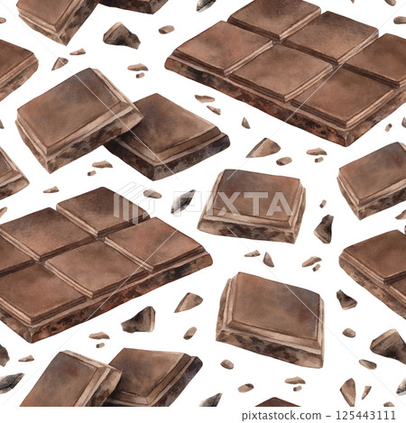 Milk or bitter dark chocolate bars, slices and small pieces. Watercolor seamless pattern on white background, suitable for cafe menu, packaging, branding, culinary blogs and cozy winter designs. 125443111