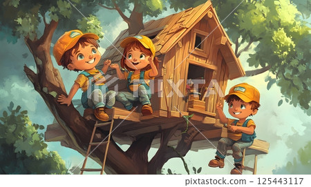 cartoon children building a treehouse together, bright details and teamwork 125443117