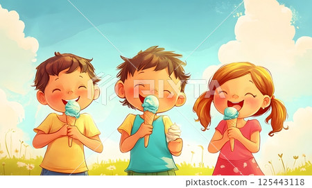 cartoon kids eating ice cream on a sunny day, vibrant scenery 125443118