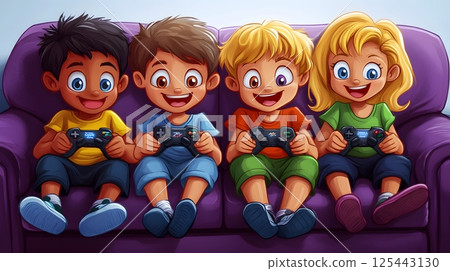 cartoon kids playing video games on a couch, happy competition 125443130