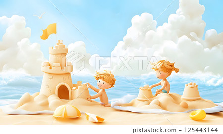 3D children building sandcastles near the waves, bright and fun summer atmosphere 125443144