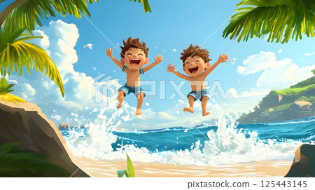 3D kids jumping over waves with joy, barefoot fun, tropical beach setting 3D kids jumping over waves with joy, barefoot fun, tropical beach setting 125443145