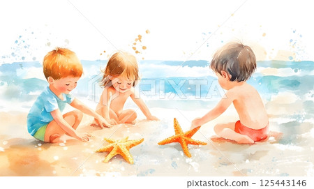 watercolor children playing with starfish, soft watercolor texture and shallow waves watercolor children playing with starfish, soft watercolor texture and shallow waves 125443146