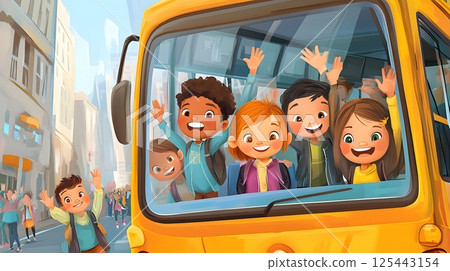 3D children waving from a bus window in a busy street scene 125443154