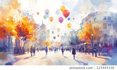 watercolor children flying balloons in a city square, buildings softly outlined 125443156