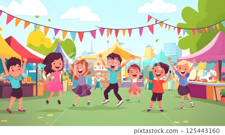 cartoon style children dancing at a street festival, food stalls and music cartoon style children dancing at a street festival, food stalls and music 125443160