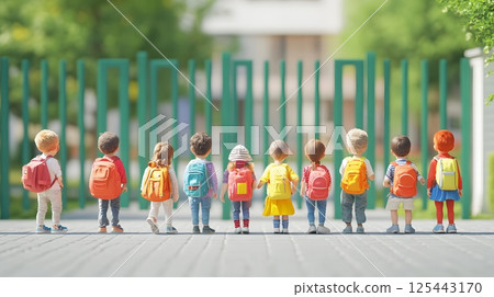 3D children lining up at school gate, morning routine 125443170