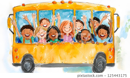 watercolor students on a school bus, waving and smiling watercolor students on a school bus, waving and smiling 125443175