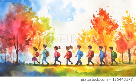 watercolor kids walking to school together, cheerful morning watercolor kids walking to school together, cheerful morning 125443177