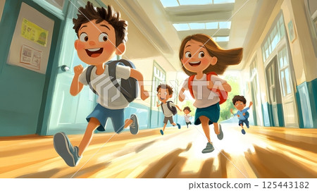 cartoon kids running in the school hallway, fun and energetic 125443182