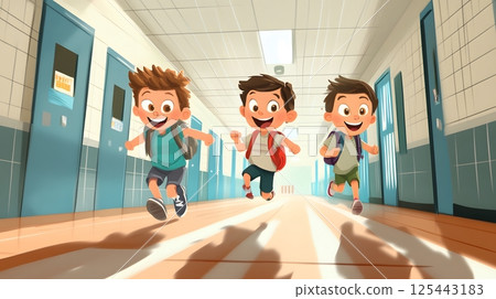 cartoon kids running in the school hallway, fun and energetic 125443183