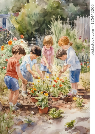 watercolor children gardening in schoolyard, planting flowers 125443206