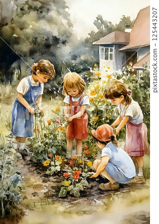 watercolor children gardening in schoolyard, planting flowers watercolor children gardening in schoolyard, planting flowers 125443207