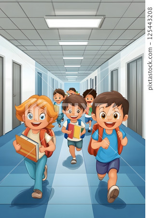 cartoon children running in hallway with books and backpacks 125443208