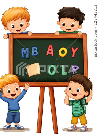 cartoon kids learning ABCs from blackboard in fun class 125443212