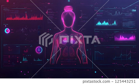 futuristic wellness dashboard with avatar showing live health metrics, neon tones 125443251