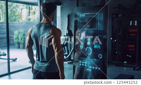 AI personal trainer guiding workout on smart mirror, modern home gym 125443252