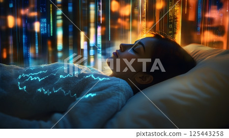 sleep tracking results floating as data overlay above sleeping adult 125443258