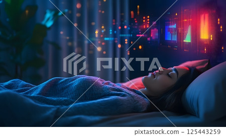 sleep tracking results floating as data overlay above sleeping adult 125443259