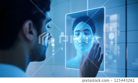smart bathroom mirror scanning skin and suggesting care routine via AI 125443261