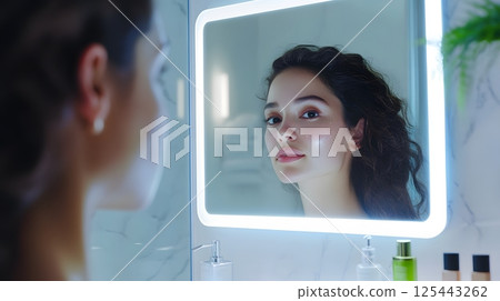 smart bathroom mirror scanning skin and suggesting care routine via AI 125443262