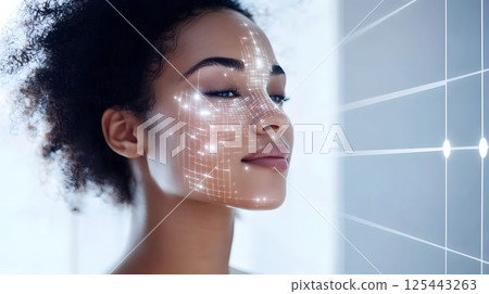 smart bathroom mirror scanning skin and suggesting care routine via AI 125443263