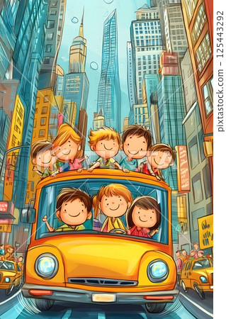 cartoon children taking bus ride through city for school activity 125443292